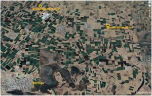 Δορυφορική εικόνα αγρών κοντά στα Φάρσαλα, Ελλάδα, με επισημασμένες περιοχές